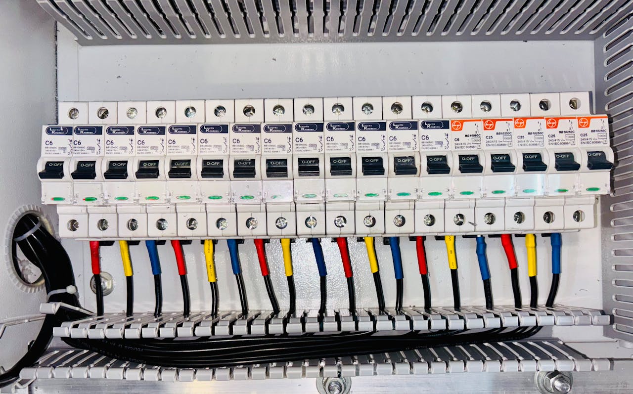 services-04 Close-up of an organized circuit breaker panel featuring color-coded electrical wiring.