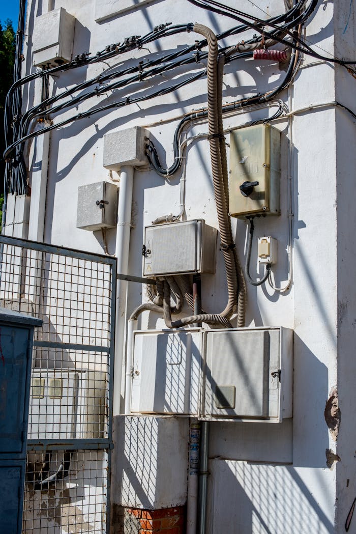 Close-up of outdoor electrical boxes and wiring system mounted on a white wall in daylight.