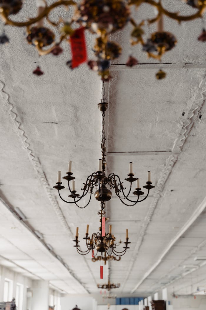 services-02 Elegant vintage chandeliers hanging from the ceiling in an antique shop setting.